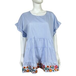 Savanna Jane Light Blue Striped Tiered Blouse with Floral Embroidered Hem